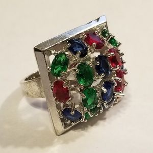 VINTAGE Sapphire Ruby & Emerald Dome Cluster Ring